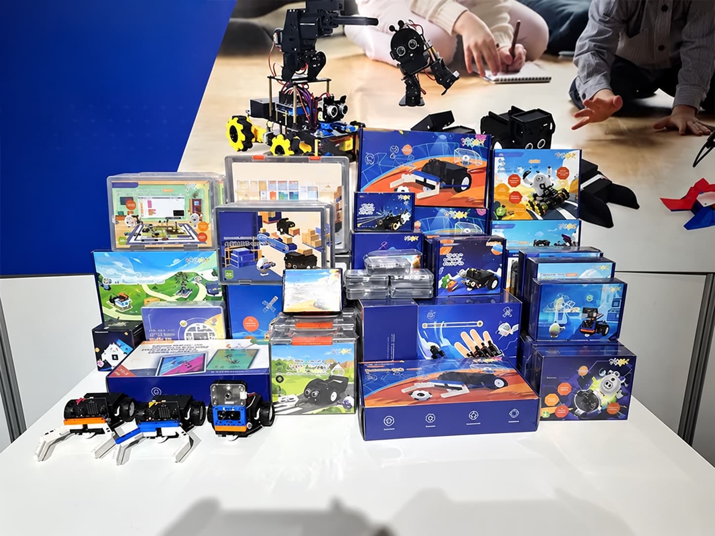 STEM and robotics kits displayed on a table